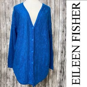 EILEEN FISHER Womens Organic Linen/Cotton Button Up Royal Blue Sweater Size S/P
